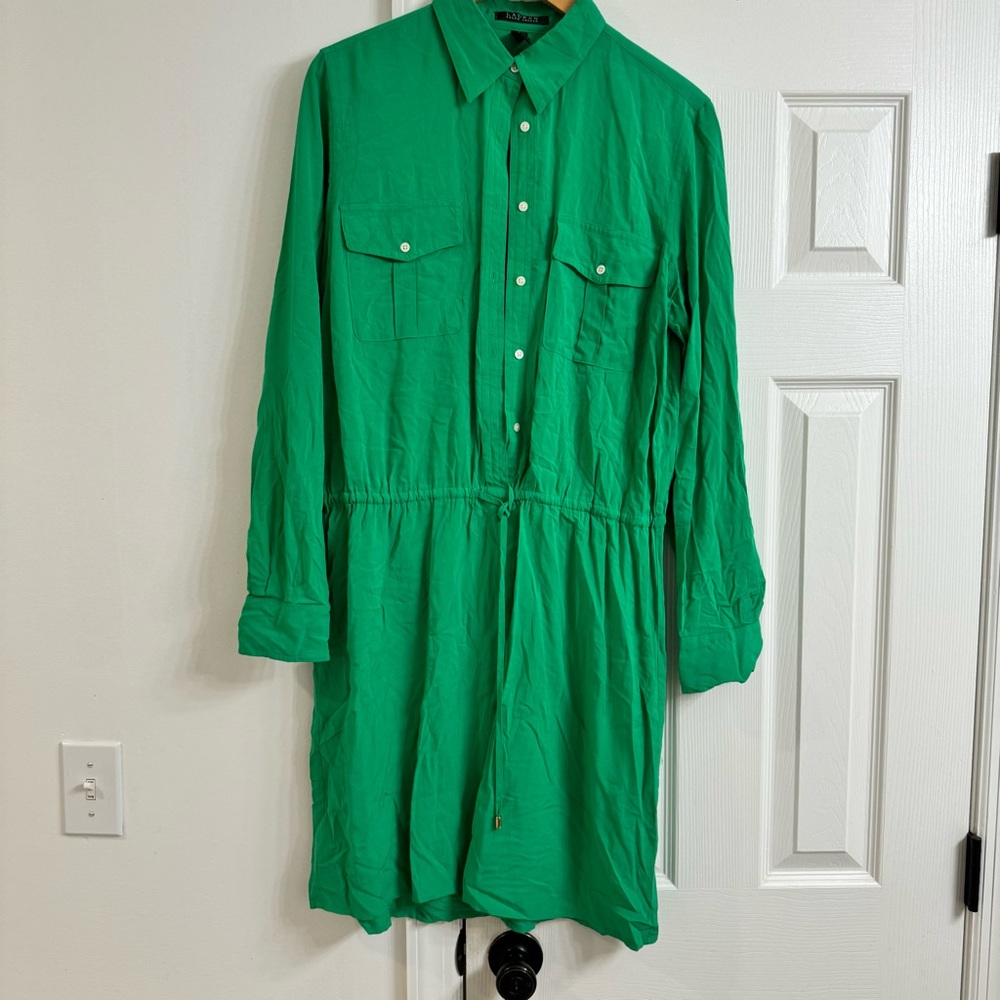 Lauren Ralph Lauren Woman Green Button Front Long Sleeve Dress US 12 Classic
